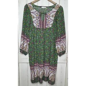 Green Pink Floral Peasant Shirt Dress Balloon Sleeve Tunic Boho Hippie Gypsy L